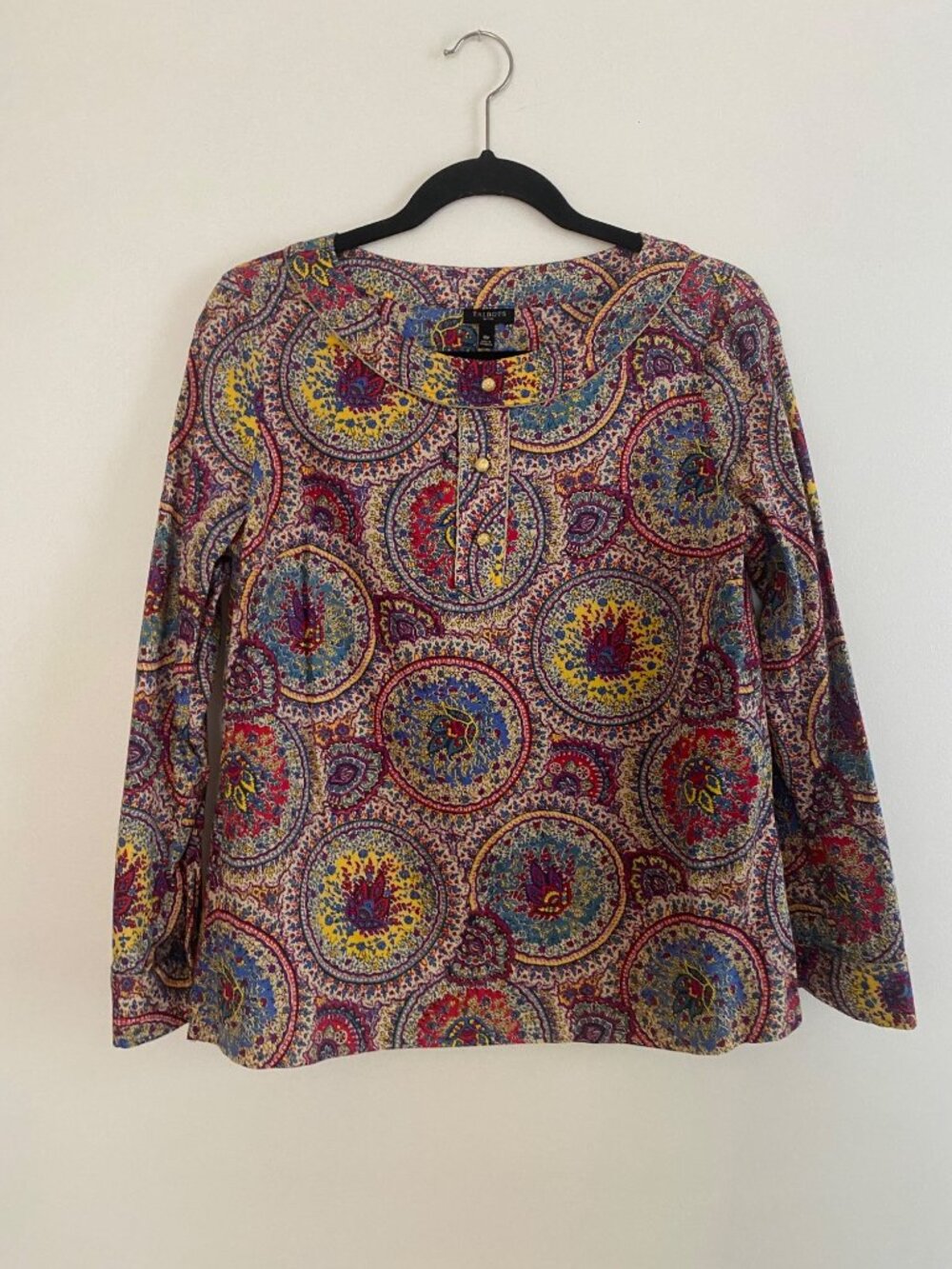Talbots Women's Petite Multicolor Paisley Print Top W/ Gold Buttons Size 10